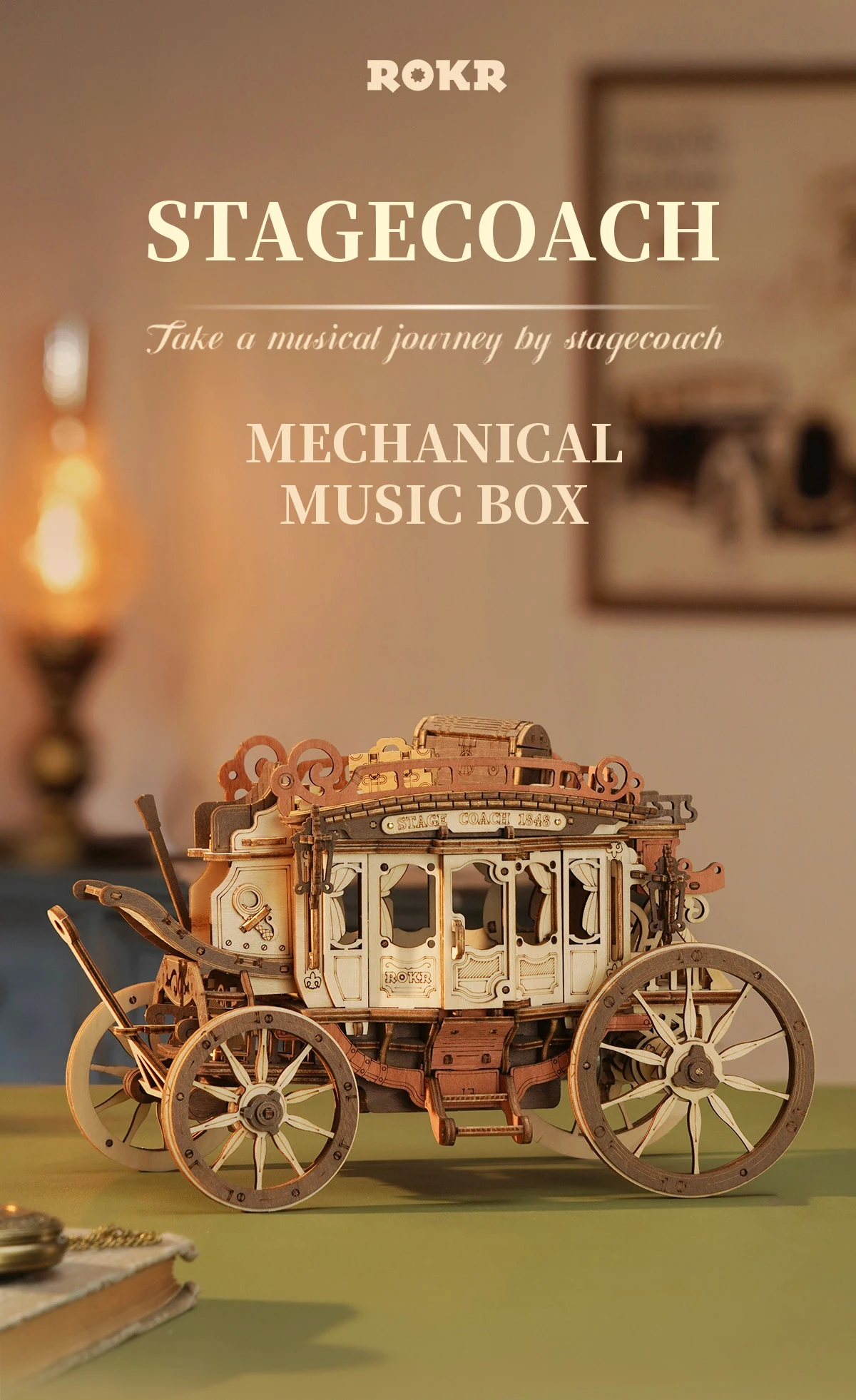 Robotime Rokr Stagecoach Music Box 3D Wooden Puzzle for Adults Birthday Anniversary Day Gift Hobby STEM Kits Model Easy to Build