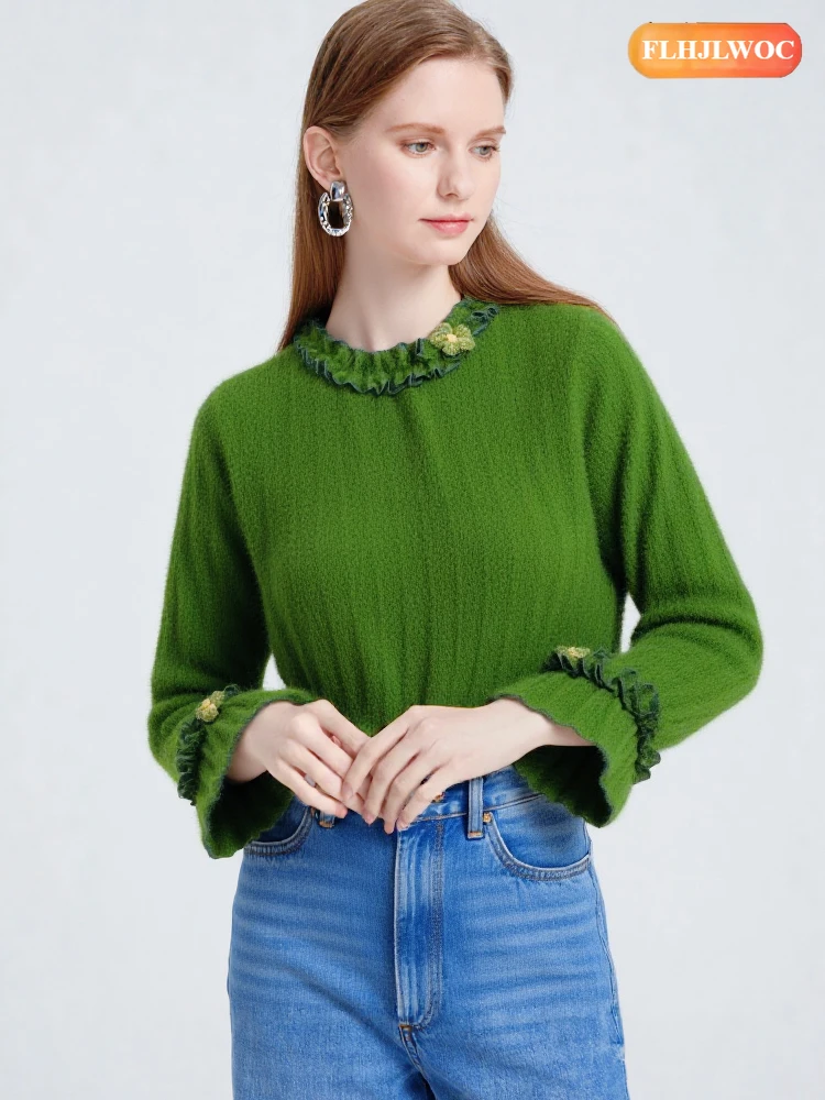 

French Design Stand Collar Tops Blouses Cute Girls Woman Long Sleeve Ruffles Flowers Green Retro Vintage Basics Shirts Blusas