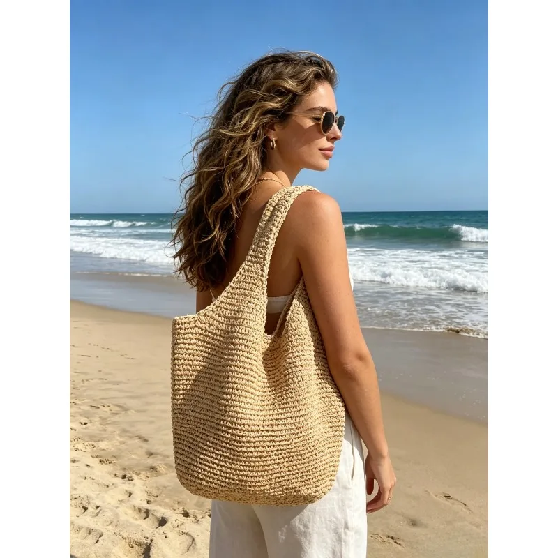 1/2pcs Summer Trendy Straw Woven Tote Large Size Ladies Single Shoulder Beach Vacation Bag