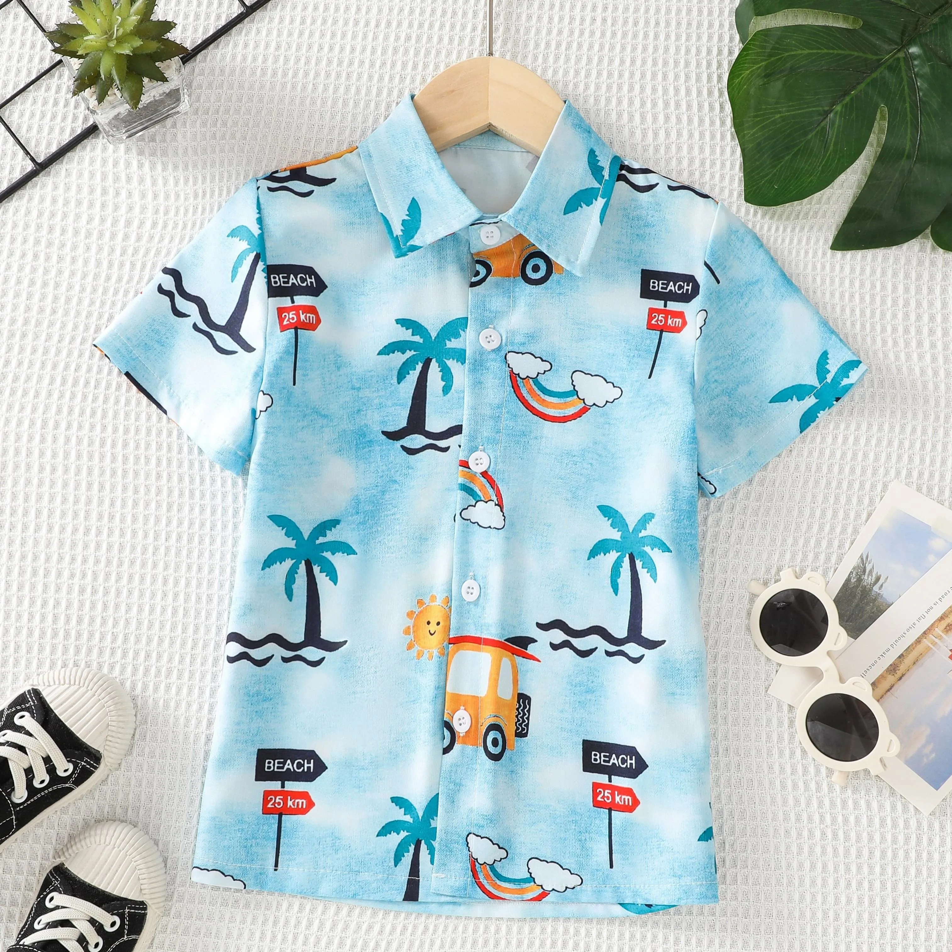 2024 Kids Clothes Girl Blouse Tropical Coconut Tree Pattern Shirt Boys Stylish Portable Short Sleeve Top Shirts Collar Shirts