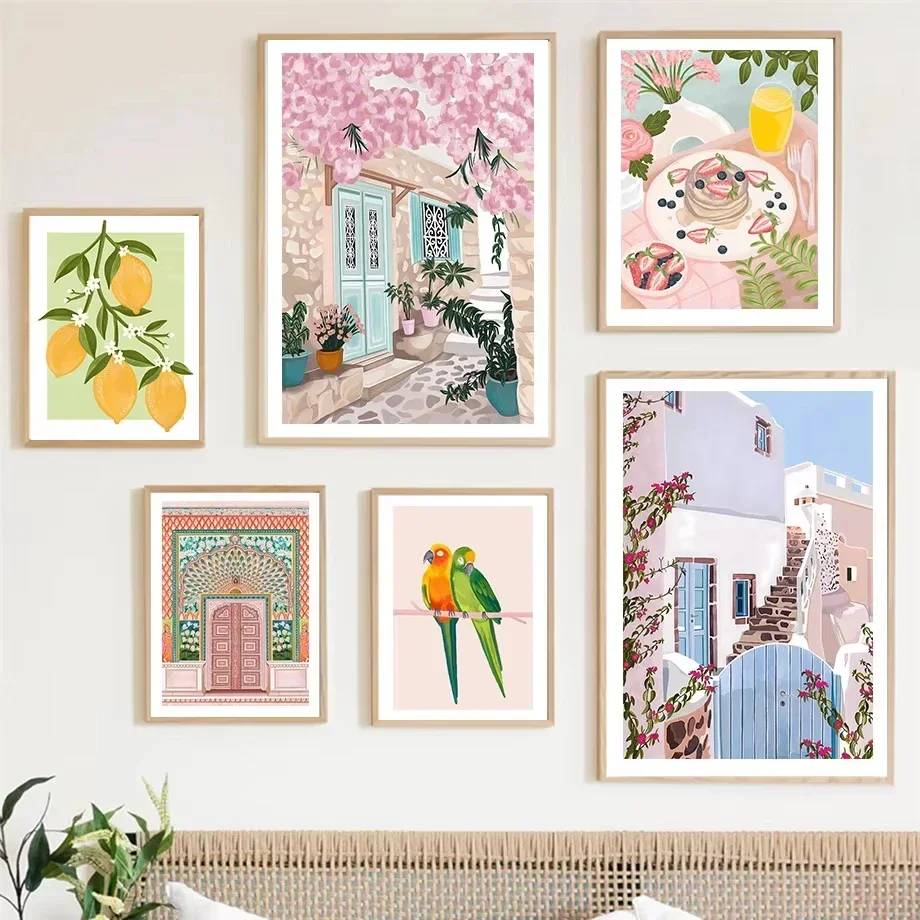 1pc Canvas painting  Santorini Lemon Coffee Flowers Abstract Landscape Posters and Prints Wall Art Canvas Painting Pictures For