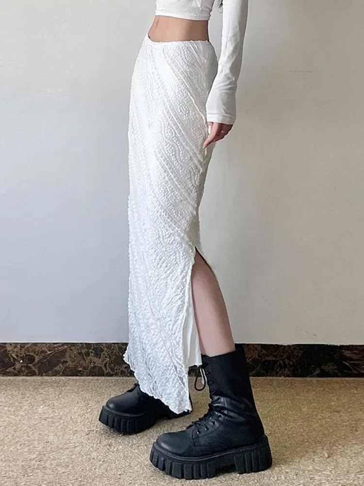 Elegant White Lace Long Skirt Women Vintage Slim Sexy Slit Streetwear Skirts Summer Retro High Waist Design Lady Long Skirt