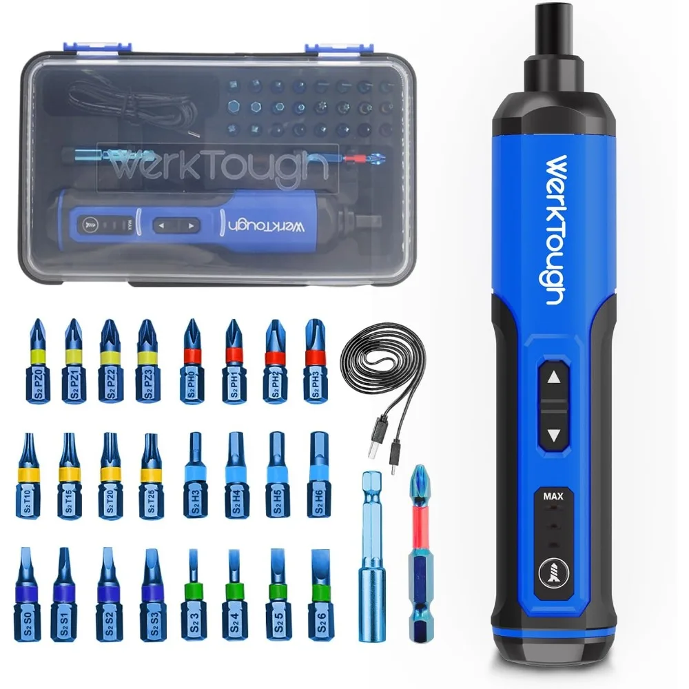 Werktough 4V Mini Electric Cordless Screwdriver with 3-Gear Torque 5Nm Power 25pc Screwdriver Bits S2 LED Light USB Charging Hom