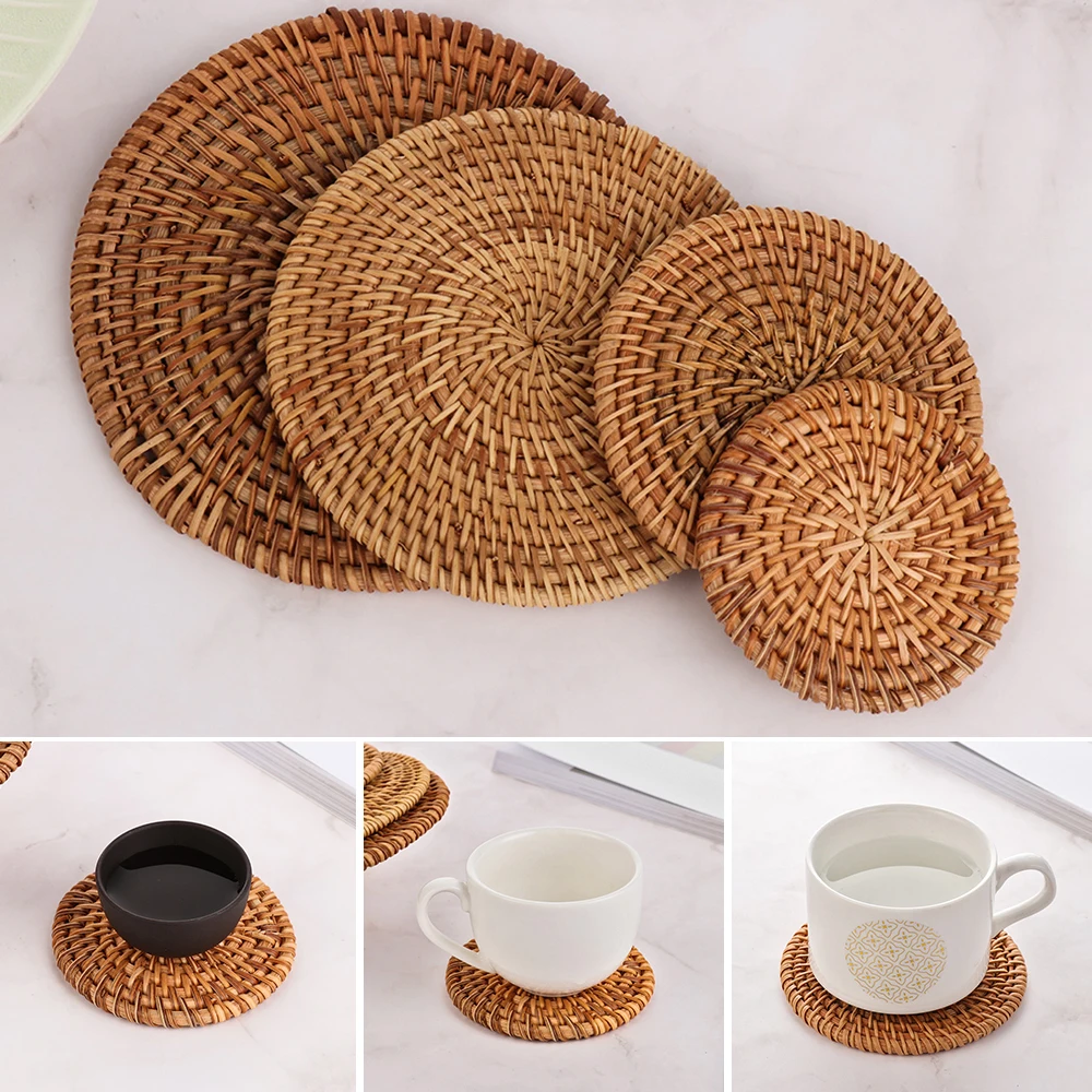 Round Handmade Rattan Pad Coasters Table Placemats Bowl Mats Cup Padding Mat Insulation Pad Kitchen Decor Accessories