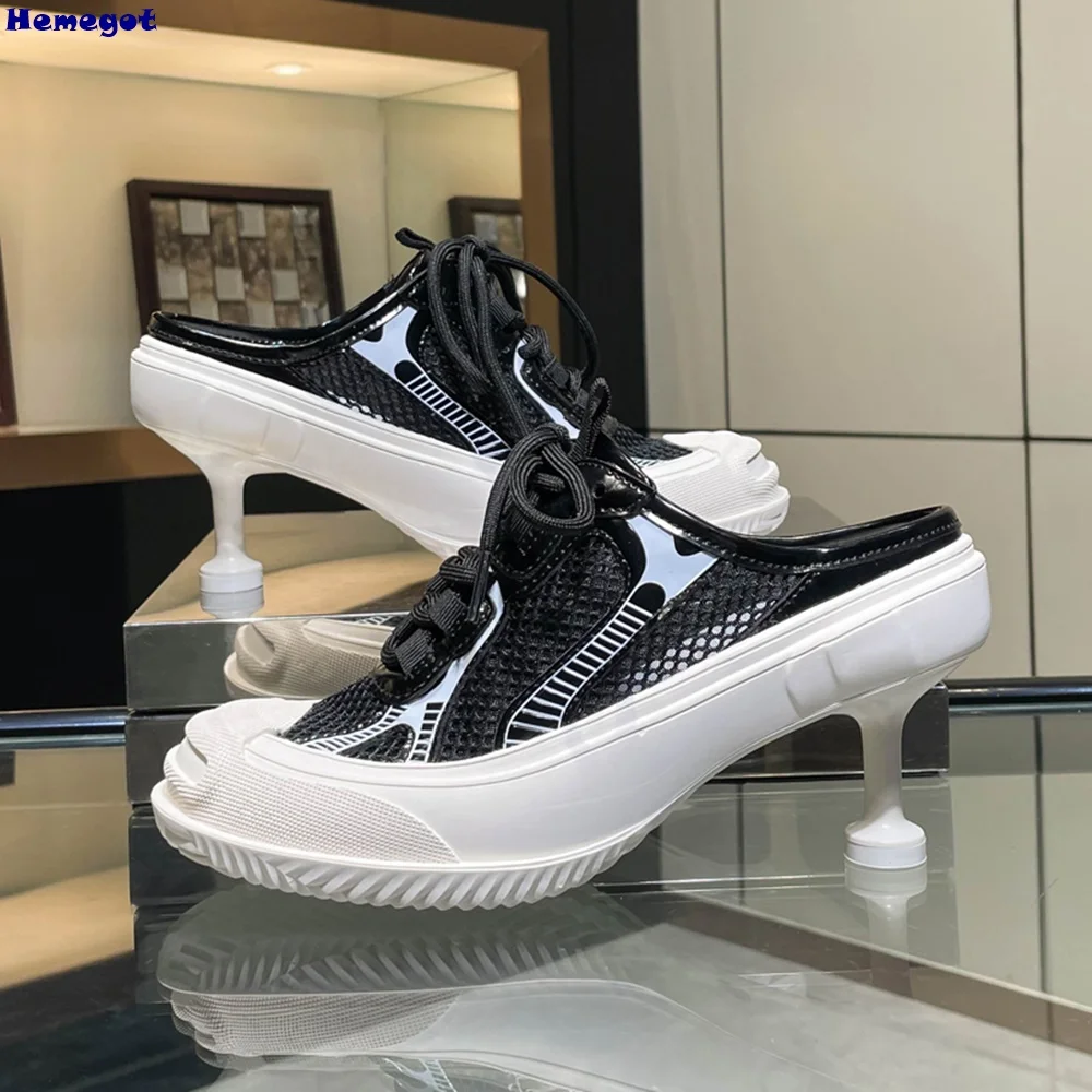 Patchwork Round Toe Thin Heel Sneakers 2025 New Outdoors Lace Up Sports Shoes Mixed Color Fashion Casual Women Slippers