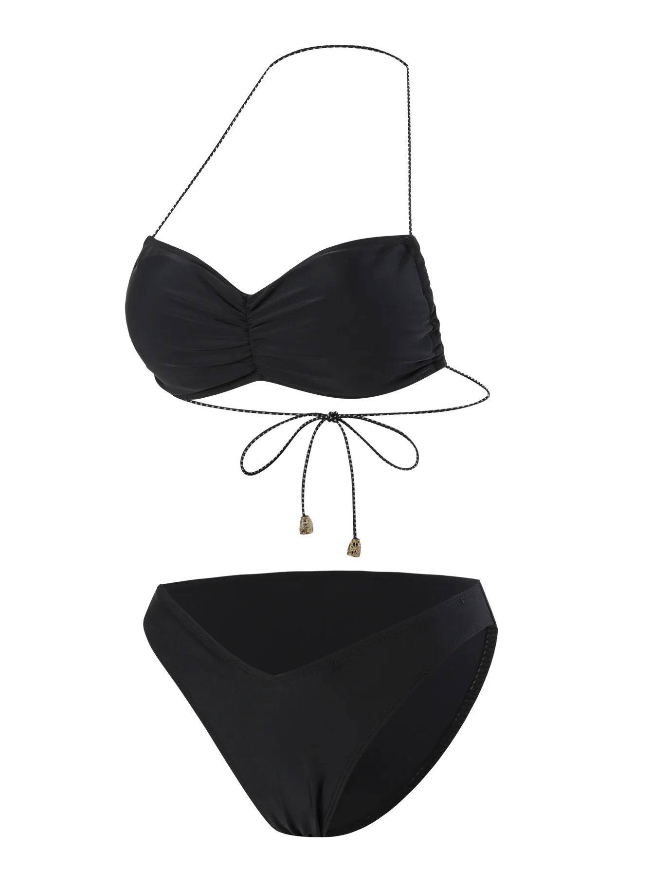 

Women's Black Halter Bandeau Bikini Set Metal Ring Detail Two Piece Swimsuit High Waisted Push Up Beach Bathing Suit