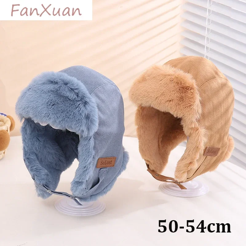 New Kids Bomber Hat Fur Fluffy Plush Lining Girl Boy Winter Cap with Earflaps Helmet Beanies Bonnet Children Russian Hats 2-8Y