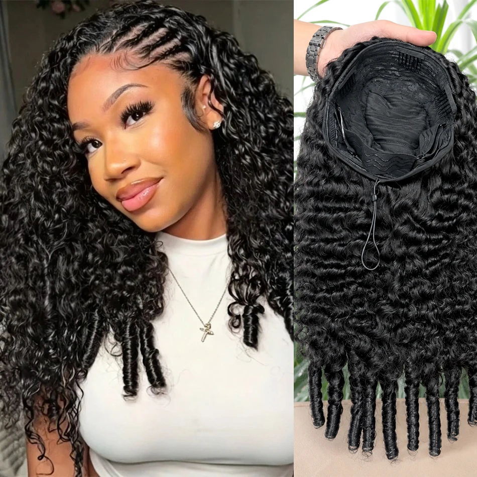 Burmese Curly Hair Half Wigs Wear and Go Glueless Deep Wave Human Hair Wigs Brazilian 3 IN 1 Curly Half Wig With Drawstring Flip Over Natural Black 30 38 Inch