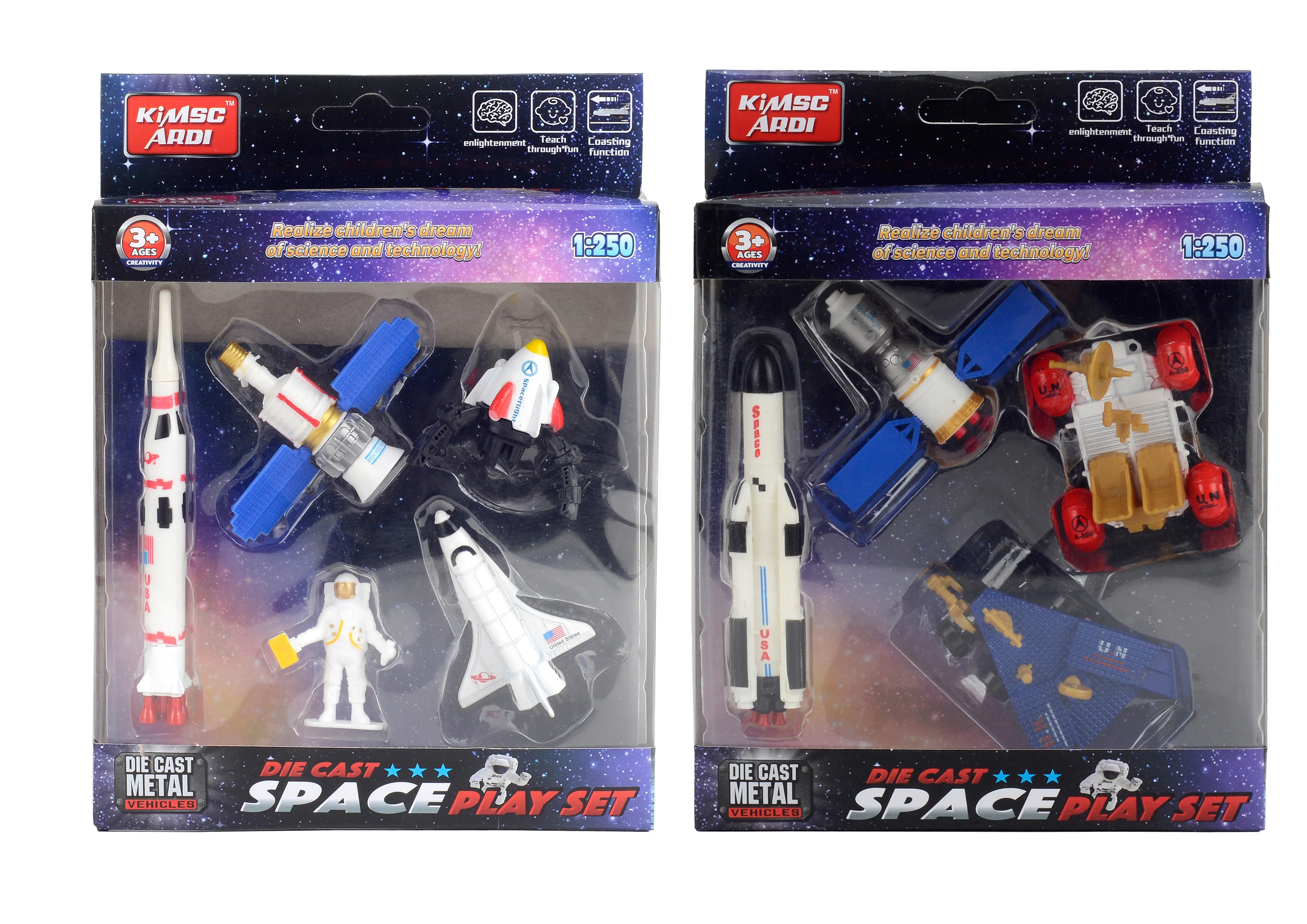 

Metal space play set toy spaceship shuttle rocket astronaut satellite