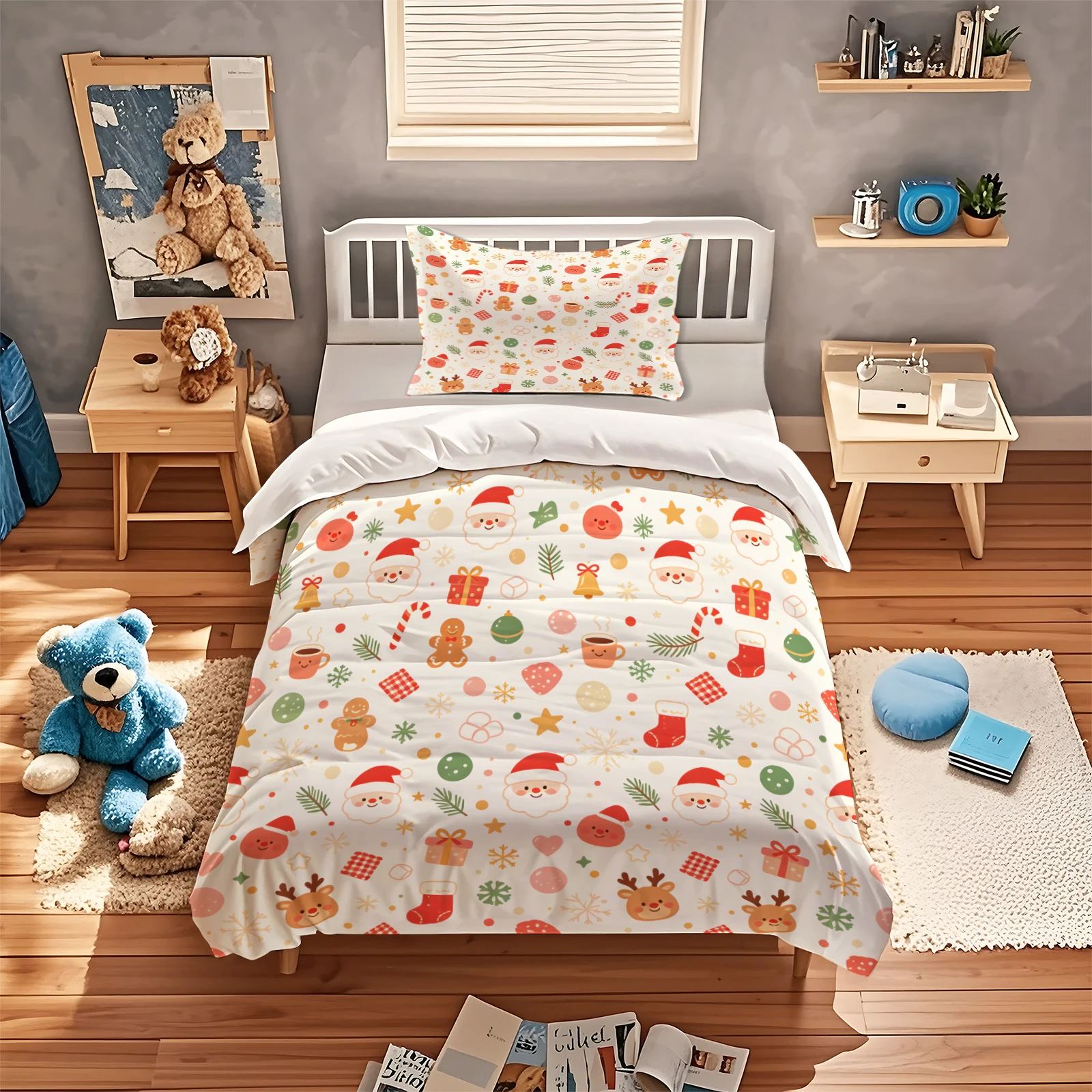 Christmas Duvet Cover Set Cartoon Santa Reindeer Gingerbread Man Pattern Bedding Set Zipper Quilt Cover with Pillowcase Home Dec