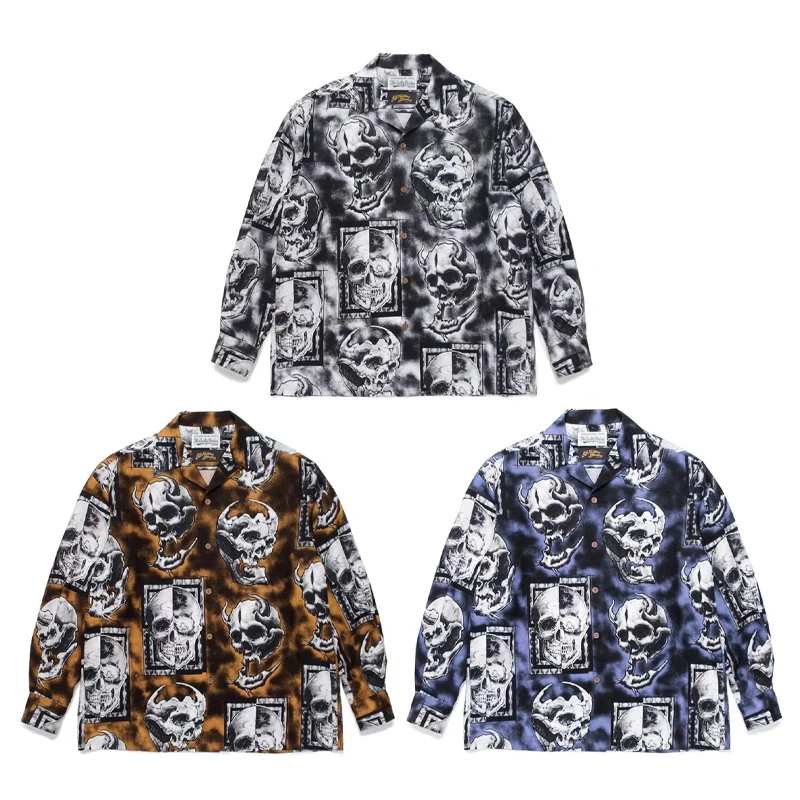 

Skull Full Print Shirts Men Woman Summer Good Quality Loose Casual Open Collar Long Sleeve Top Tees