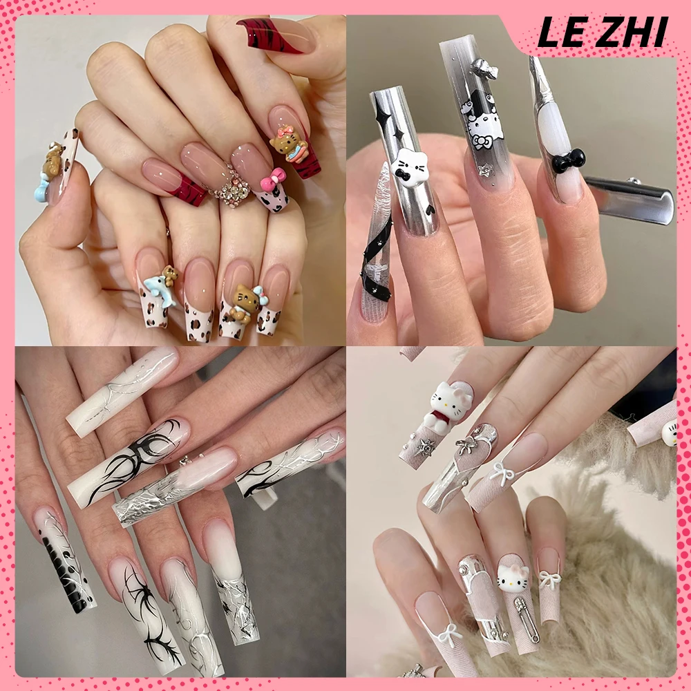 سبايس جيرل مرحبا كيتي اليدوية طويلة مربع خنجر مسمار حزب ملصق Bowknot الماس مرآة سحرية مسحوق الفرنسية الصحافة على الأظافر