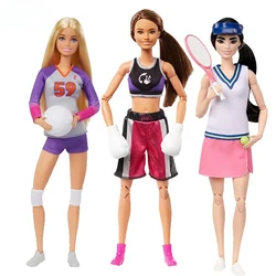 Original Barbie Made To Move Career Doll Tennis Volleyball Boxer Player Joints Mobility Girls Toys Sport Racket Ball Accessories