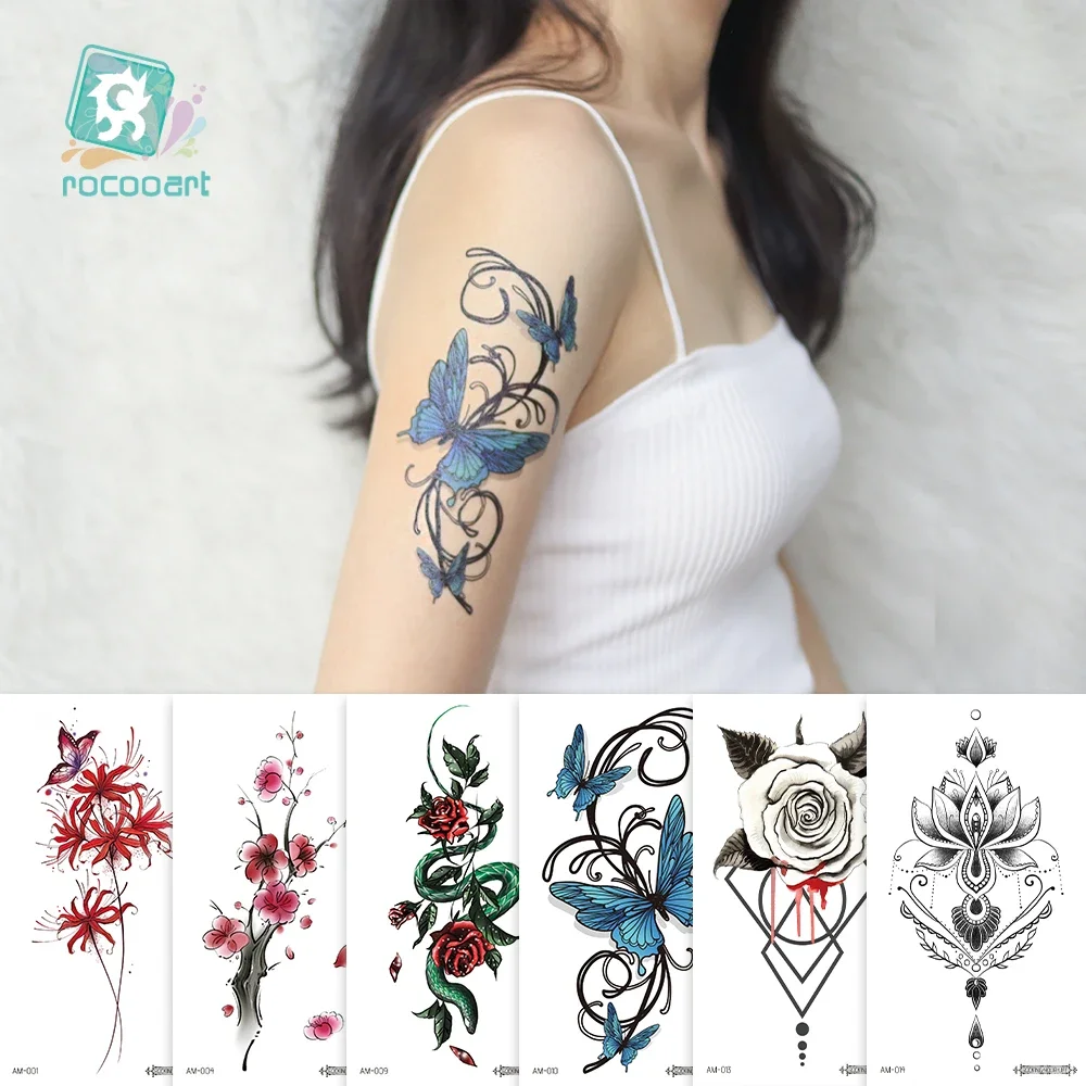 Rocooart Flower Arm Tattoos Lotus Snake Temporary Tattoo Butterfly Stickers For Women Leg Chest Fake Tatoo Waterproof Body Tatto