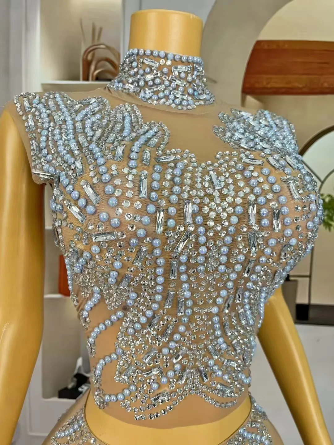 เงาไข่มุก Rhinestones แยกชุดตาข่ายชุดราตรีชุดวันเกิดฉลองชุดนักร้องประสิทธิภาพถ่ายภาพชุด