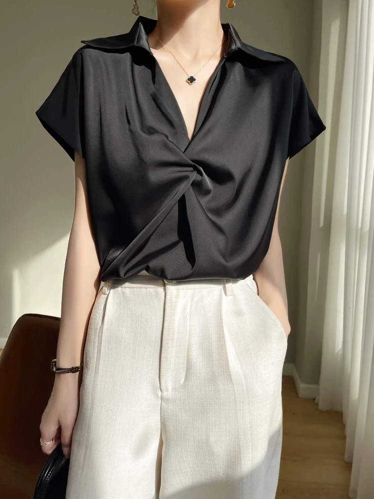 Women's Silk Satin Short-Sleeved Shirts Ladies Turn-Down Collar Loose Pullover Solid Color Casual Wild Thin Blouse Summer 2024