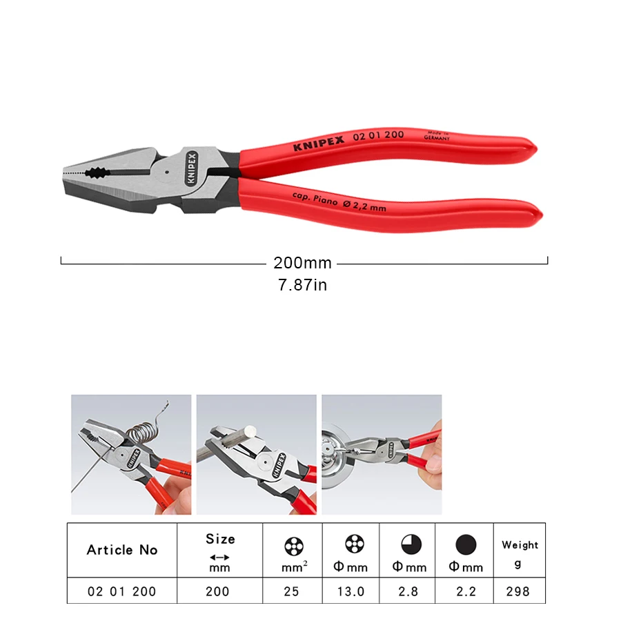 KNIPEX 0201200 Labor-saving High Leverage Combination Pliers Polished Head Easier cutting Powerful Gripping Bending and Pullin