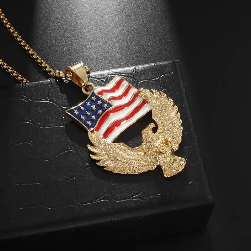 Classic American Independence Day Flag Eagle Animal Pendant Necklace Men's Fashion Street Style Jewelry Gift