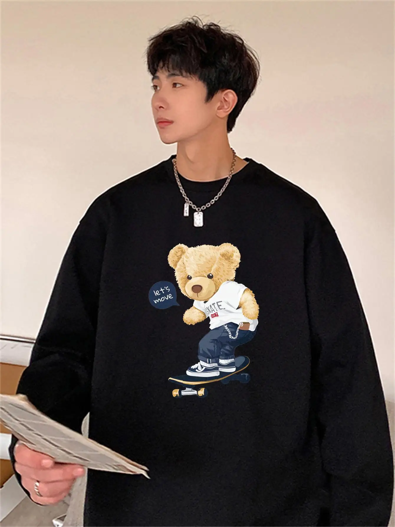 Fashion Hip Hop Men Bear Print T-shirts Y2k Oversize Streetwear Long Sleeve Autumn Clothing O-neck Male Top Tees High Quality