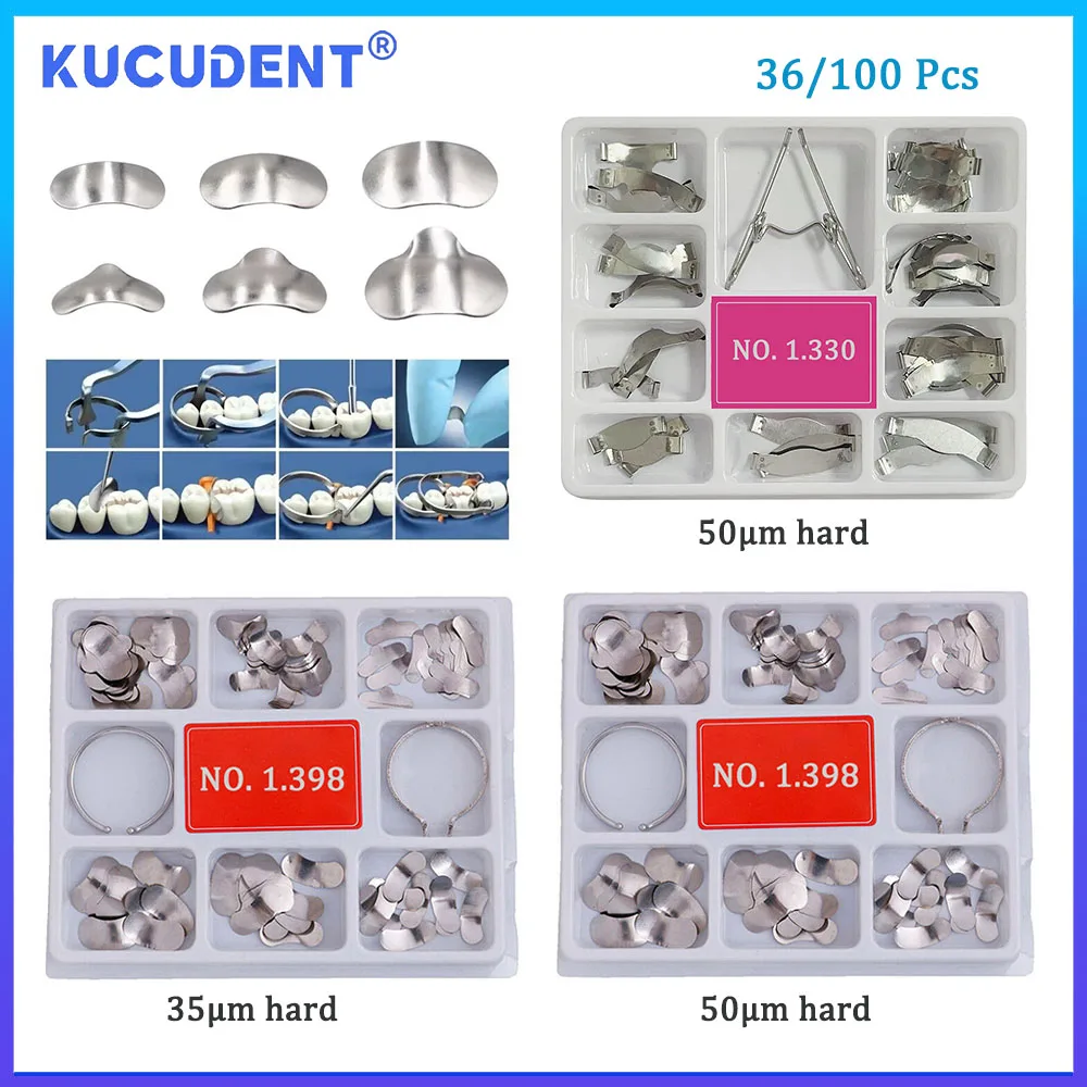 KUCUDENT 36/100 Pcs Dental Matrix Sectional Contoured System Metal Matrices Band Resin Clamping/Seperating Ring Dentistry Tool