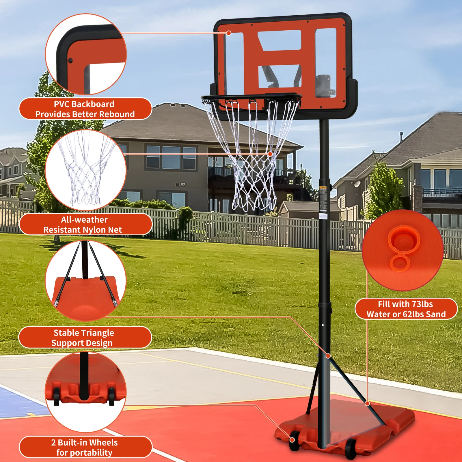 Basketball Stand Height Adjustable 4.8 To 7.7 Feet Basket 44 Inch Backboard Portable Stable Base With Wheels For Outdoor Use