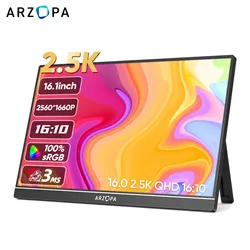 ARZOPA 16인치 휴대용 모니터, QHD 2560*1660, 16:10 HDR IPS 스크린, 메탈 바디, 타입-C 미니 HDMI 포트, MAC/노트북/PC/Xbox/PS/Switch용 보조 스크린, Z1RC