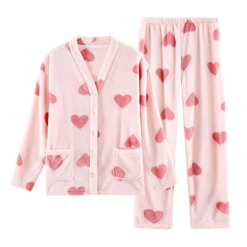 2024 New Sweet Cardigan Flannel Pajamas Women's Winter Plush Thickened Sleepwear Coral Velvet Warm Student Plush Homewear Set