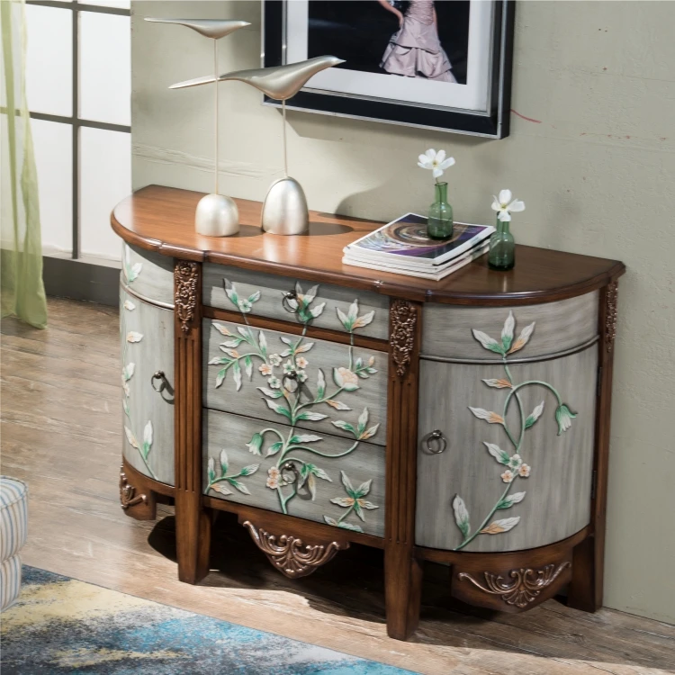 #@Hallway Antique Baroque Console Table With 2 Doors 3 Drawers and 1 Shelf Carved Hand Painting Design Brown for Living Room