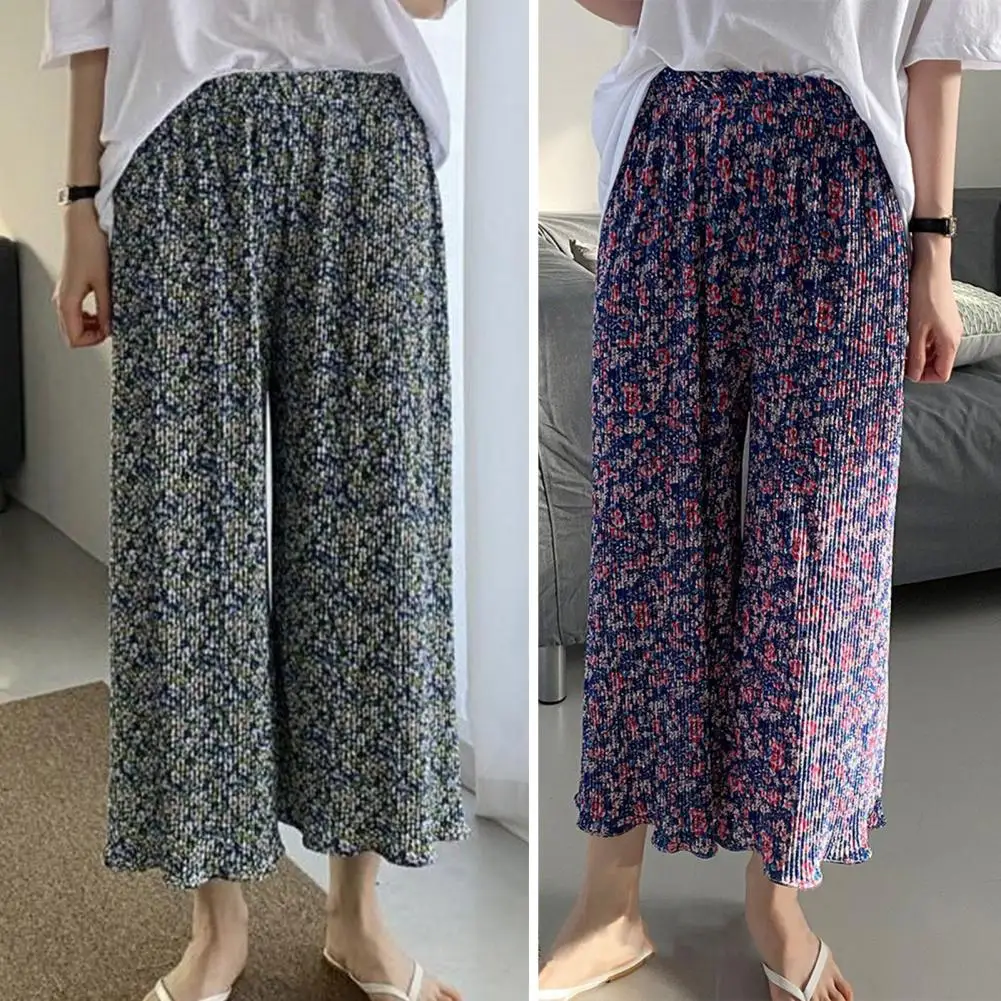 Pantalon large à imprimé floral pour femme, pantalon de salon taille haute élastique, plis drapés, FJfor Leisure