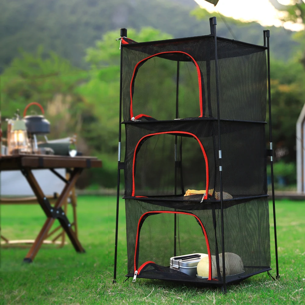Camping Storage Drying Net 3 Layer Outdoor Hanging Mesh Drying Rack Net Basket with Poles for Cookware Tableware Plates Fruit