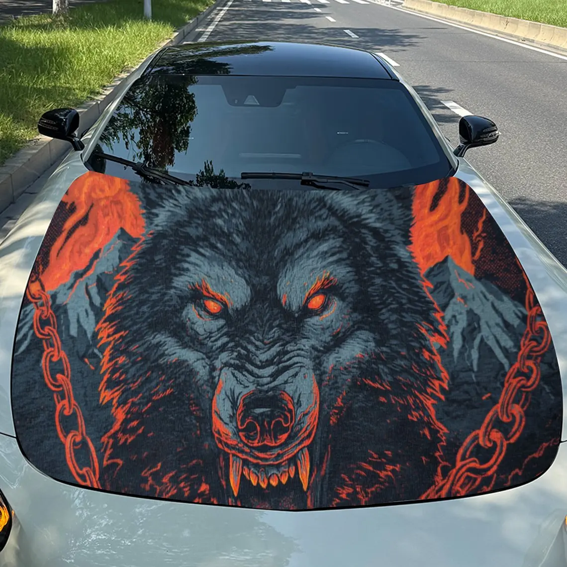 

Dynamic Roaring Fiery Wolf PVC Car Engine Hood Vinyl Wraps, Self-Adhesive Waterproof Car Hood Decal Sticker, Car Decoration Prot