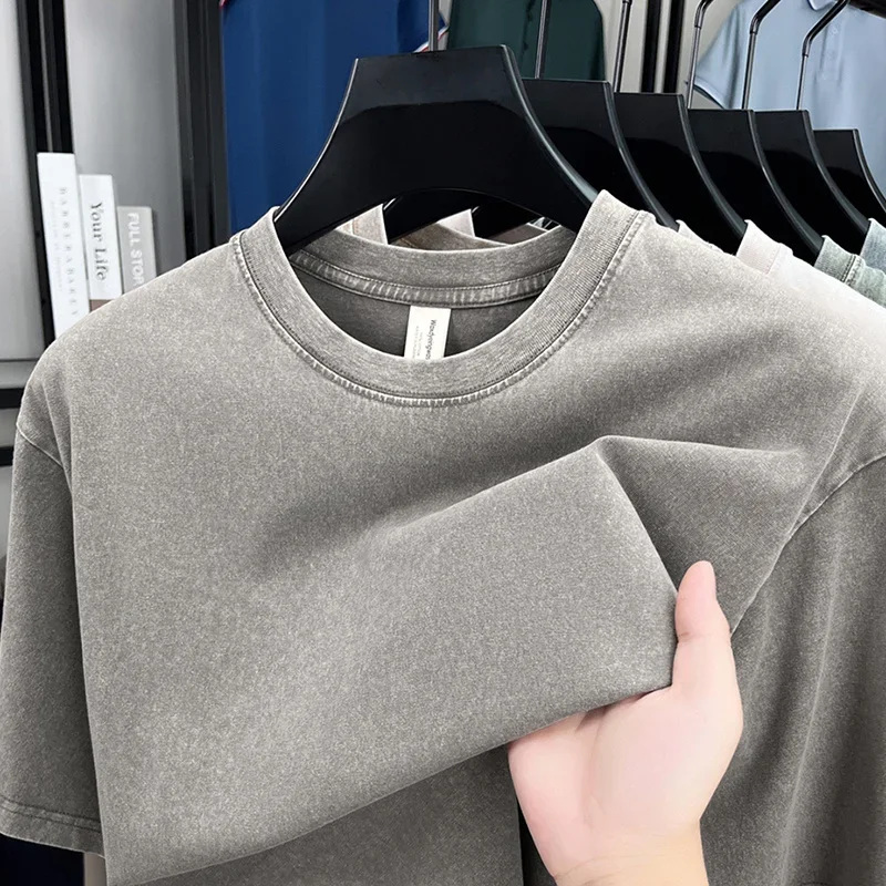 American Style Retro Heavyweight Solid Color Short Sleeved T-shirt Men Women Summer Street Trendy Washed Old Oversized Clothes