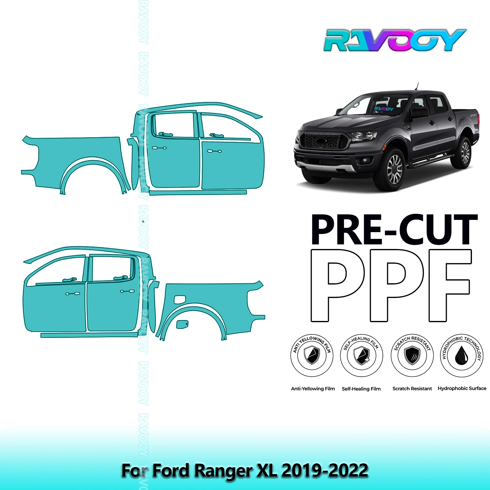 

For Ford Ranger XL 2019-2022 8.5mil Clear Matte Pre-Cut PPF Door & A/B Pillar Kit TPU Paint Protection Film Set