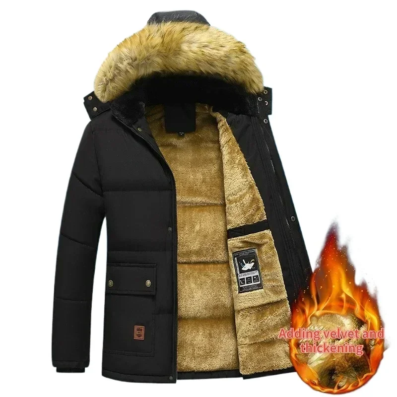 2024 New Men's Down Cotton Jacket Men's Parka Black Fleece Lined Thick Warm Hooded Fur Collar Coat Male Plus Size 5XL Plush Coat