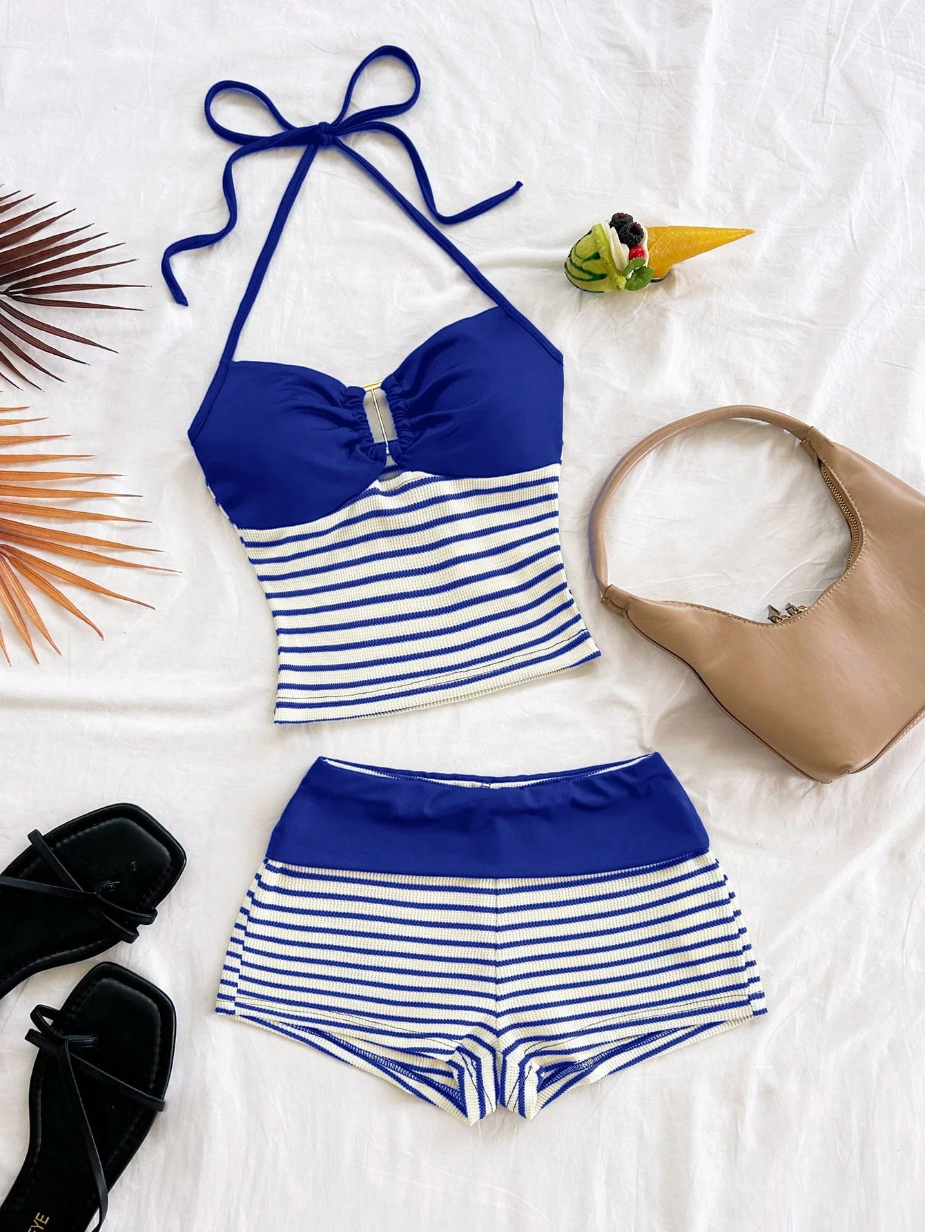 

Women's two-piece blue lace up top and striped shorts with metal buckle, suitable for parties, Valentine's Day, Bohemian style