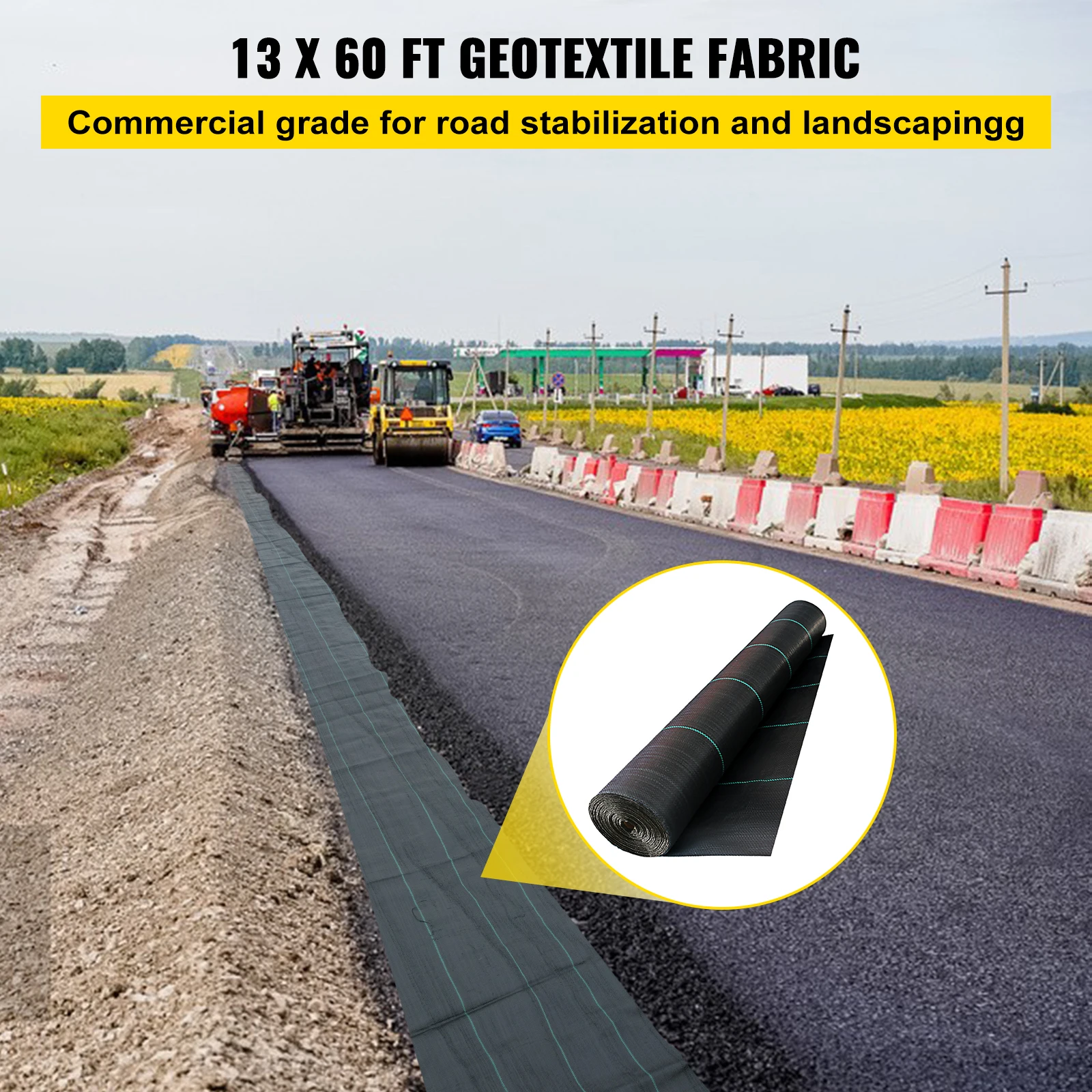 VEVOR Commercial Grade Ground Road Large Driveway Permeable  Fabric Stabilization Roll Mat Underlayment Black Outdoor Waterproof