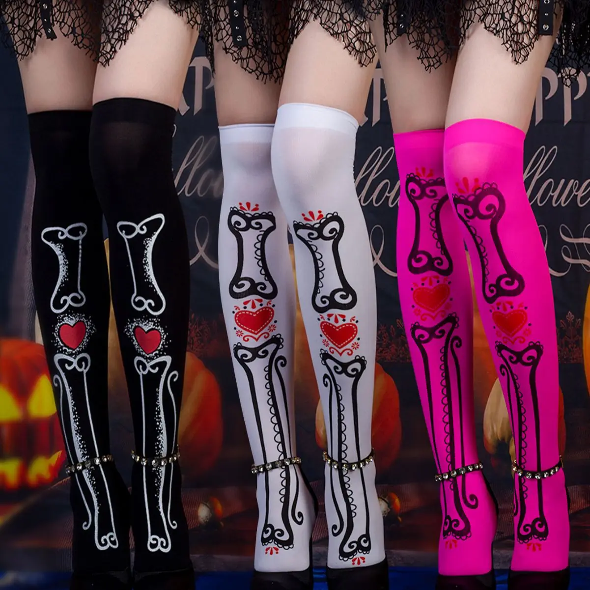 

Halloween Dress Up Lolita Knee-High Socks Comfortable Velvet Stretchy Hottie Cosplay Goth Skull Cross Print Sexy Calf Socks