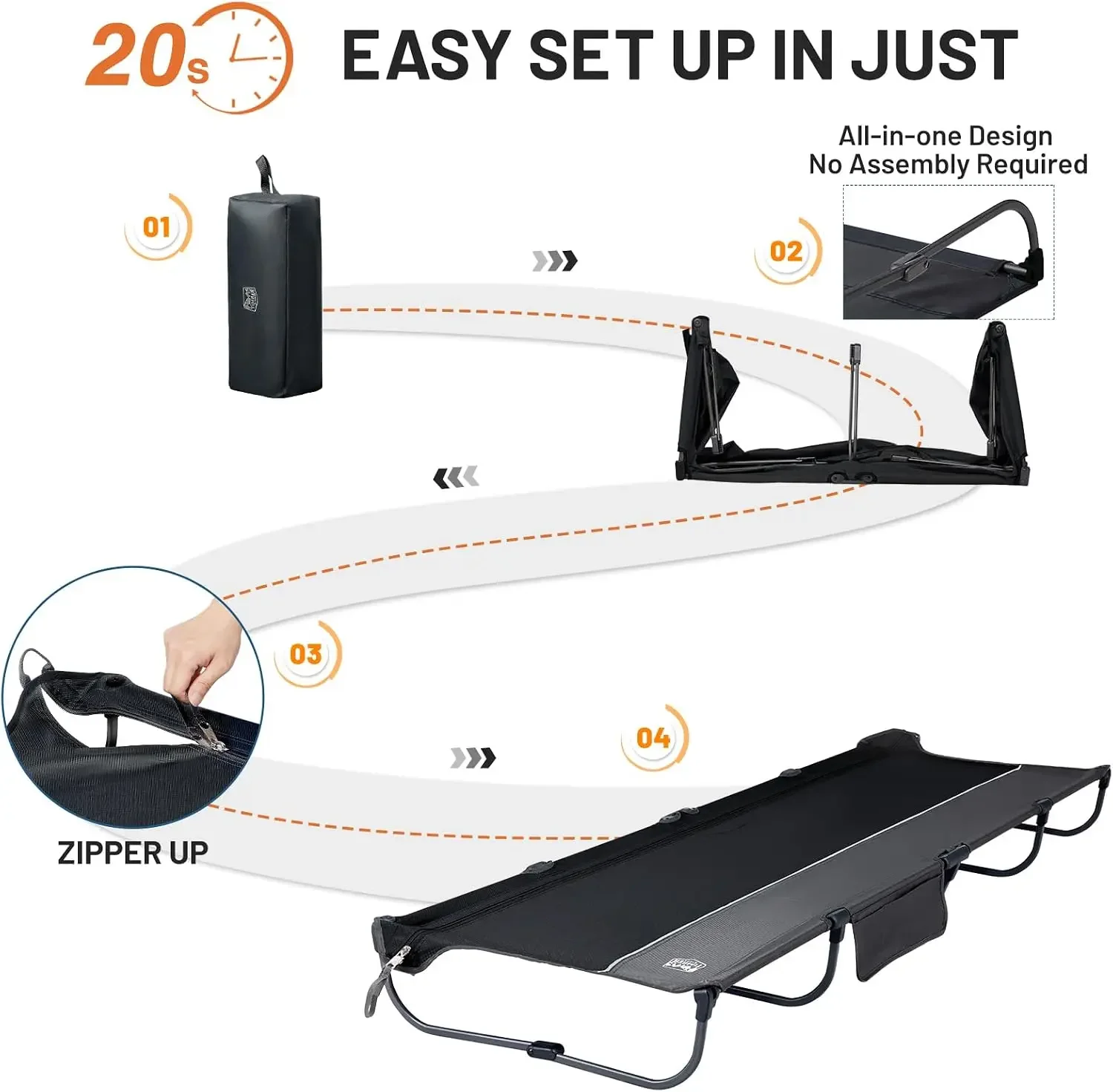 20-Second Quick Set-Up Camping Cot, Aluminum Folding Cot | Lightweight Folding Bed Zipper Closure, Portable Carry Bag Included