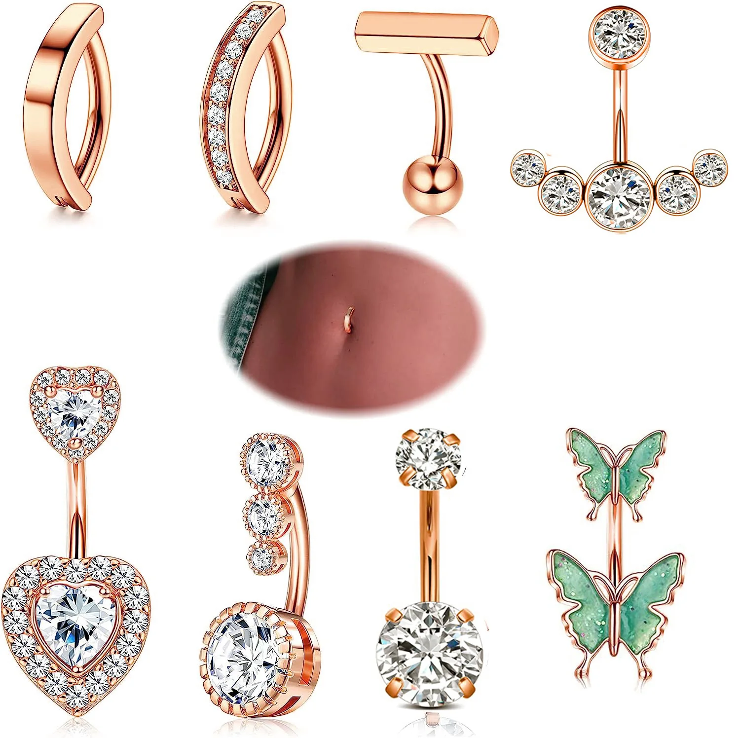 Gold Plated Silver Belly Button Ring Dangle Hypoallergenic Belly Rings for Women CZ Navel Piercing Jewelry Dangly Navel Ring