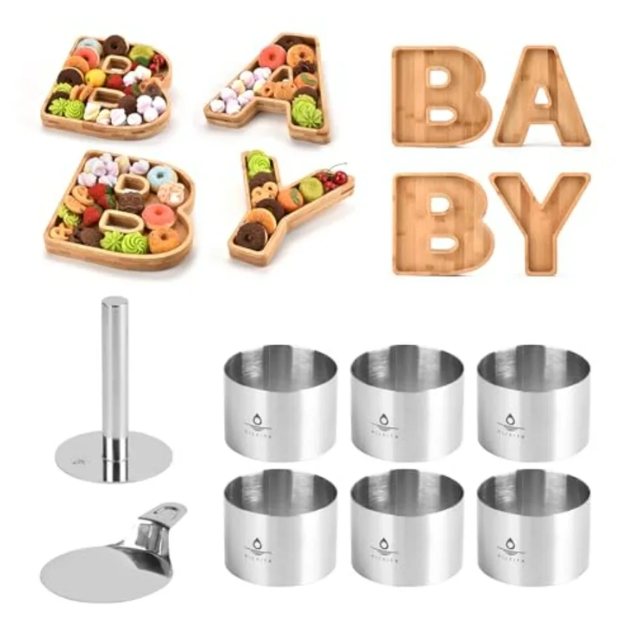 

8 Pcs 3 inch Cake Ring Molds with Pusher & Lifter + Wooden Baby Serving Tray Set
