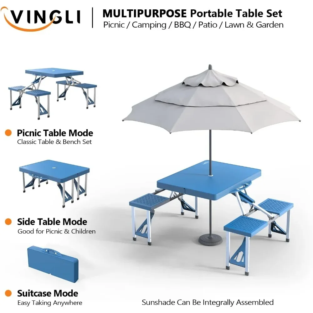 Camping Picnic Table Set with Seats with Umbrella Hole Folding Lightweight Suitcase Card Table-220 Lbs