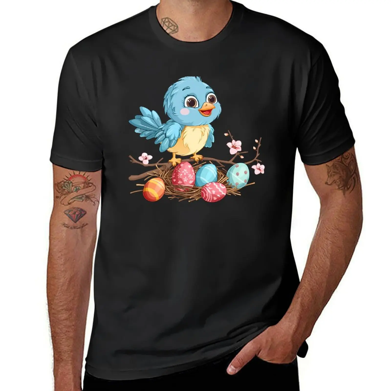 

Blue Bird on a Branch with Easter Eggs T-Shirt sublime customs design your own oversizeds T-shirts for men cotton