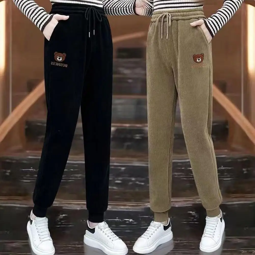 Fall Winter Women Pants Thickened Plush Loose Pants Ankle-banded Drawstring Elastic High Waist Warm Trousers Sweatpants