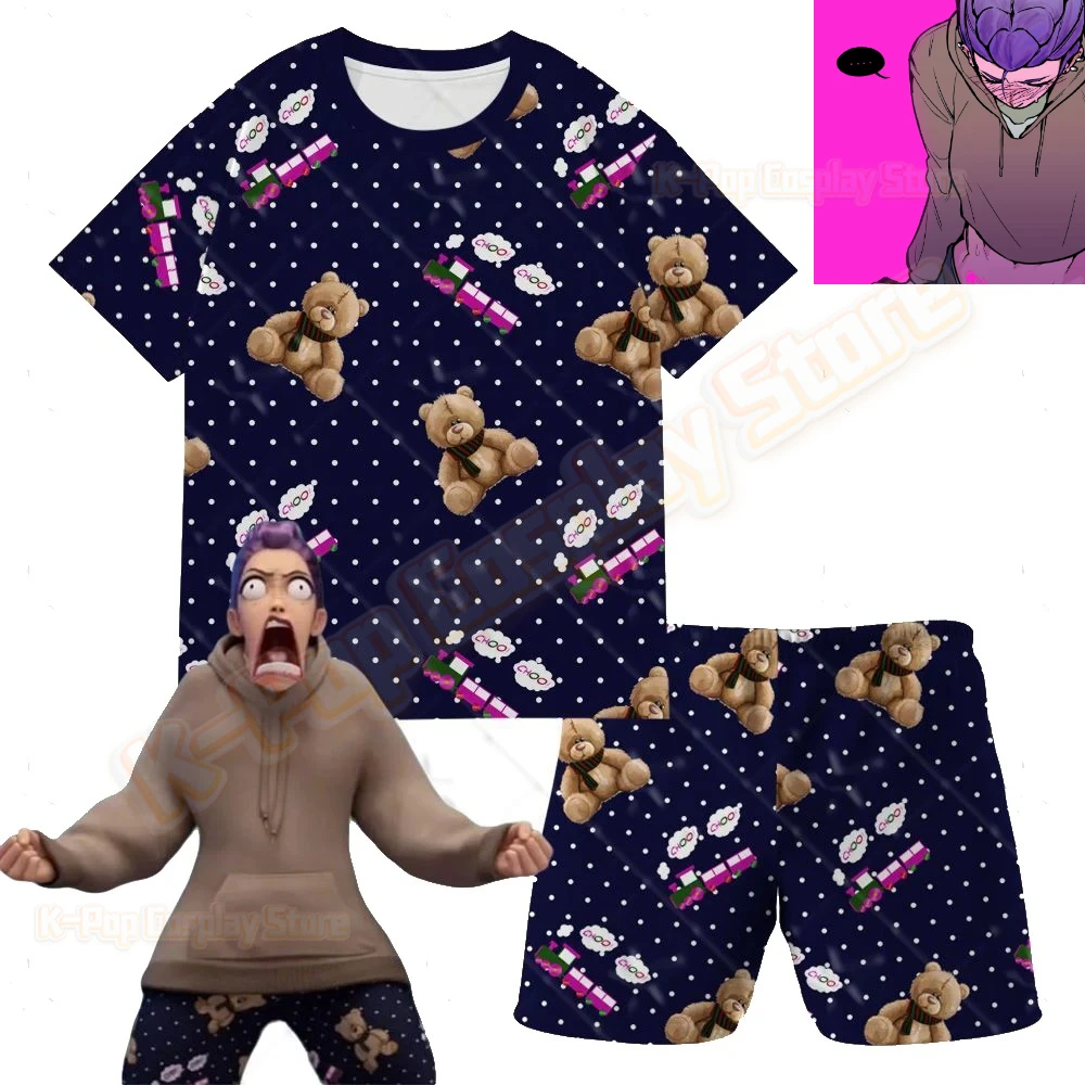 

New KPop Demons Hunters Rumi Bear Pajamas T-shirt and Shorts Cosplay Costume Women Girls Movie Roleplay Halloween Party Suit