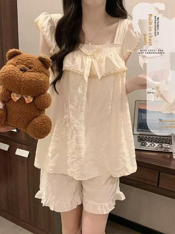 

Summer Thin Short Sleeve Sleepwear Set for Women with Chest Pad Sweet Lace Home Clothes Princess Style Cloud Cotton Shorts