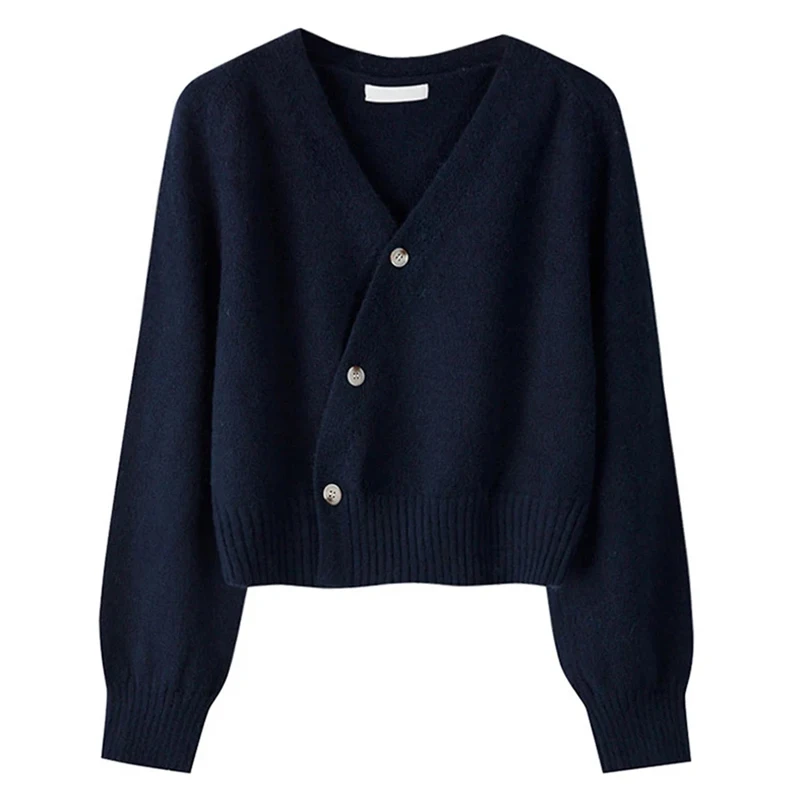 HELIAR Autumn Winter Skew Buttons Cardigan V-neck Sweater Women Knitted Long Sleeve Tops Korean Loose Solid Cashmere Sweater