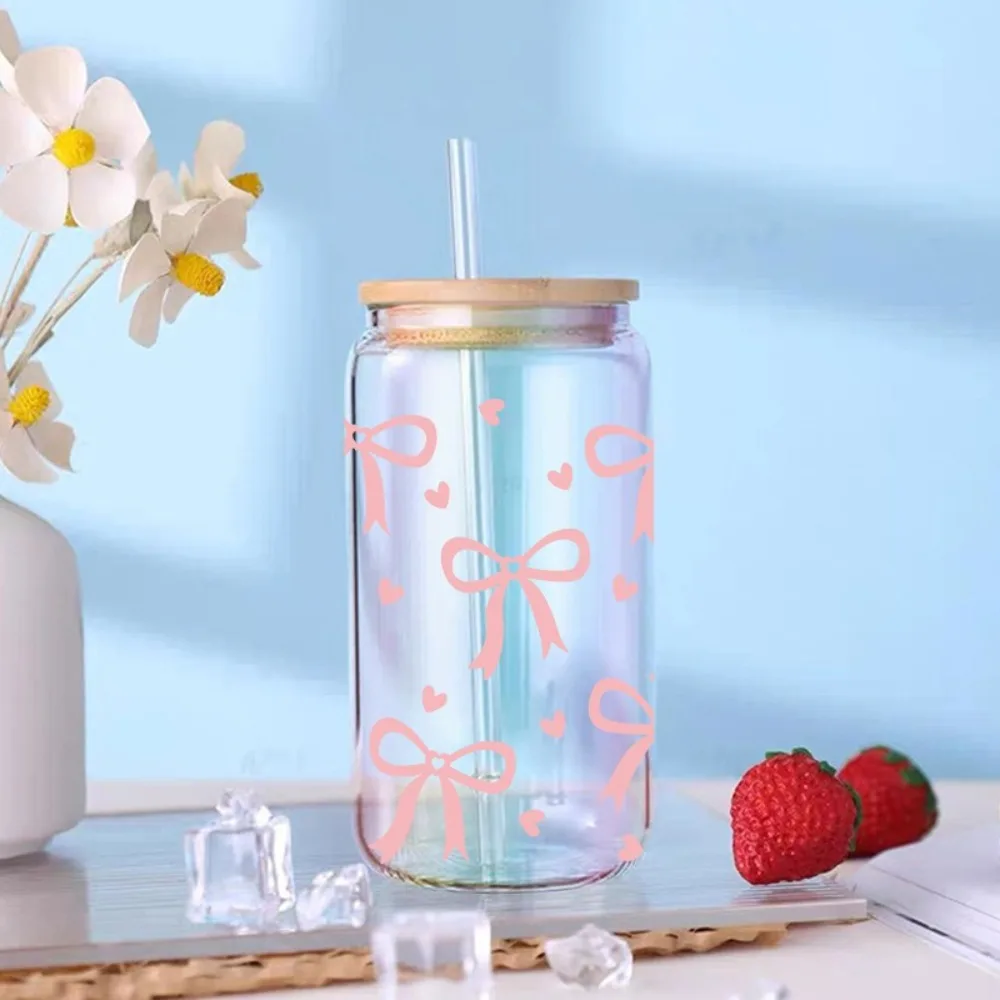 Diy Waterproof UV DTF Transfer Sticker Clear Smooth Wrap Stickers Pink Bow Decals For 16Oz Glass Cup