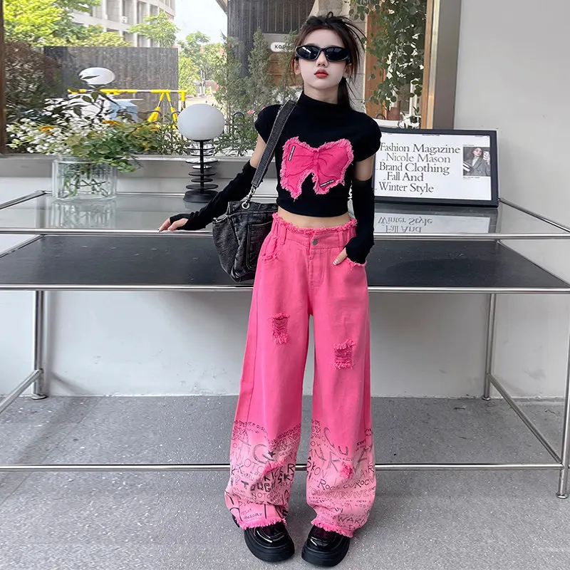 Young Girl Clothing Sets Removable Long Sleeves Butterfly Tops+Letter Gradient Wide Leg Pants Suits Fashion Hip Hop Teen Clothes