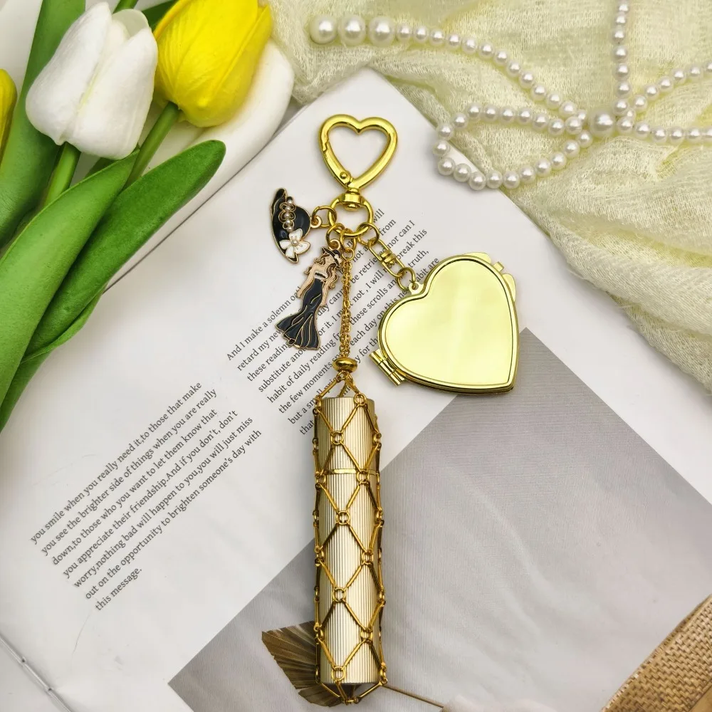 Fashionable Lipstick Storage Keychain Mini Mirror Woman Hat Enamel Charm Stylish Metal Mesh Bag Pendant Gift Young Girls view 6