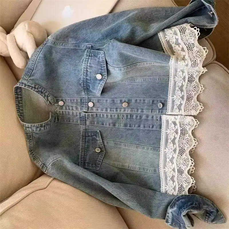 

2025 early spring new Hong Kong style retro washed small stand-up collar lace splicing loose casual denim jacket women's short